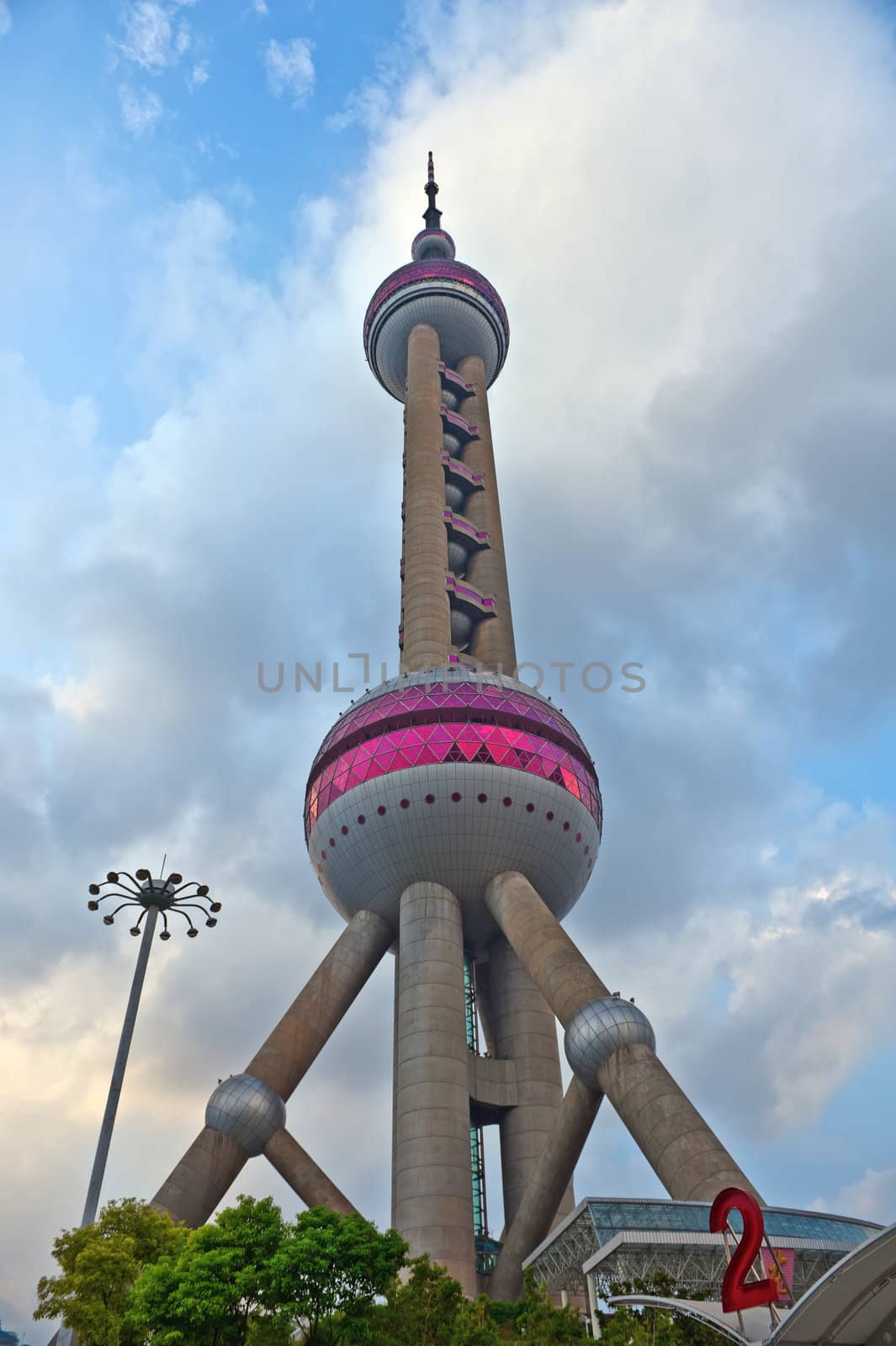 Shanghai, China - November 8, 2008: The Oriental Pearl Tower located in the Pudong district of downtown Shanghai. It was the tallest structure in China until 2007 and is an iconic part of the city skyline.
