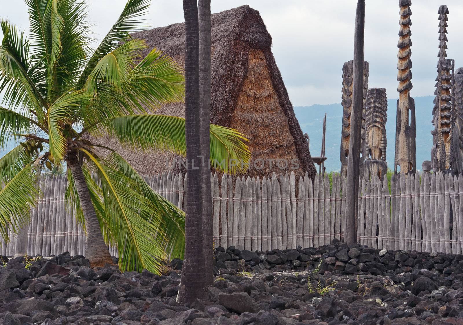 Hawaiian Sacred Carved  from Wood resembling images of a god to guard the sanctuary of Puuhonua O Honaunau, an ancient refuge on the Big Island of Hawaii