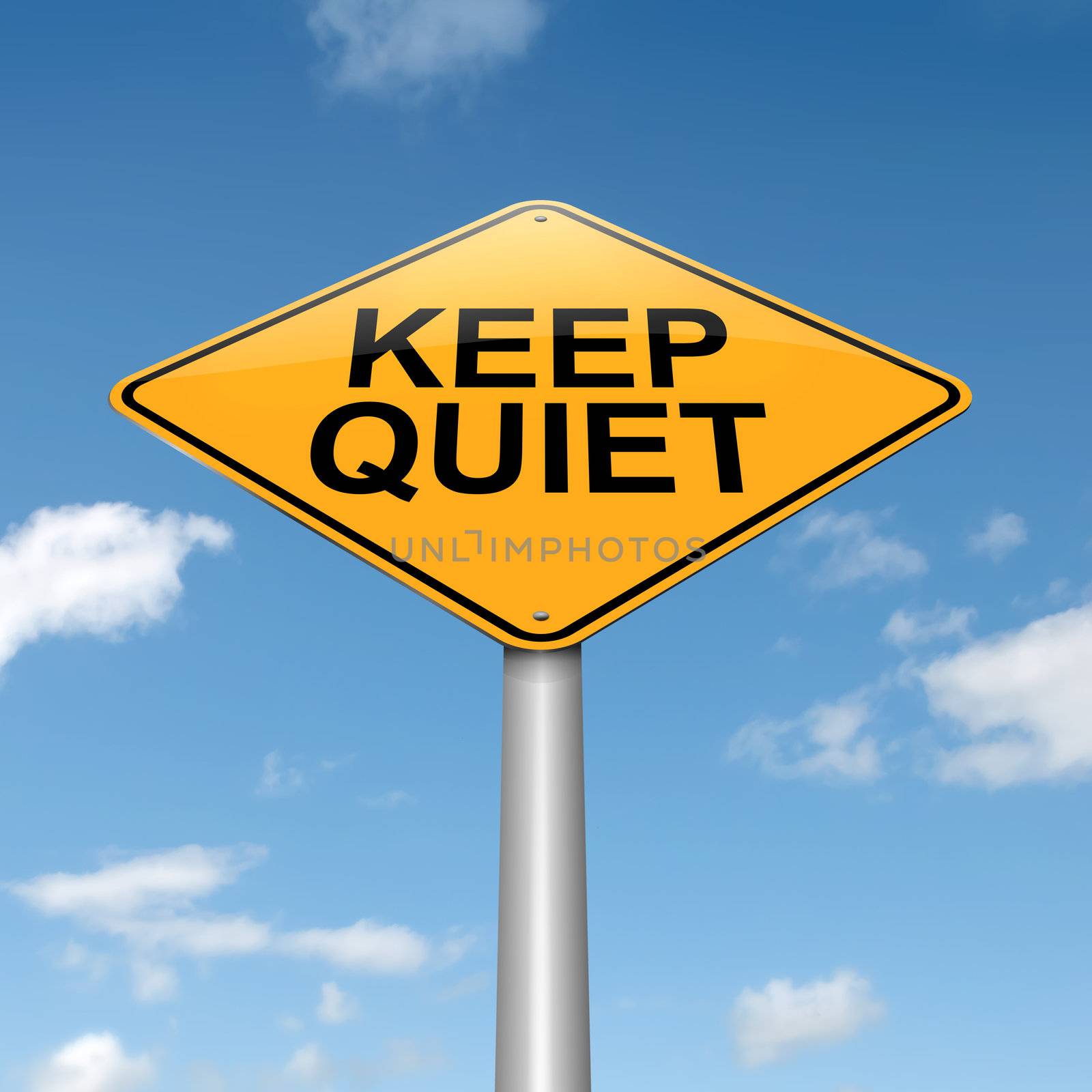 Illustration depicting a roadsign with a keep quiet concept. Sky background.