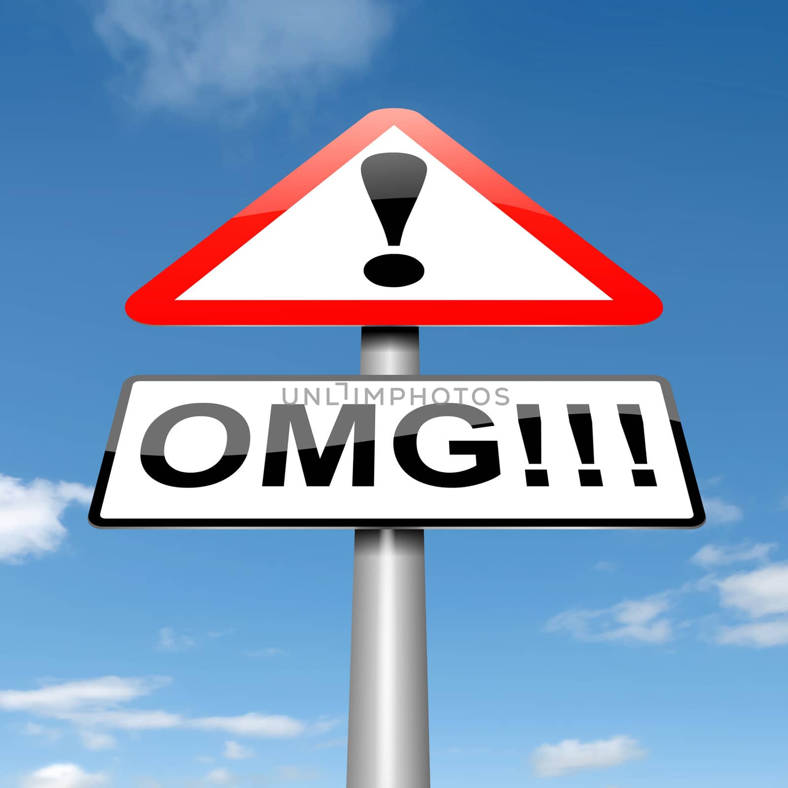 Illustration depicting a roadsign with an omg concept. Sky background.