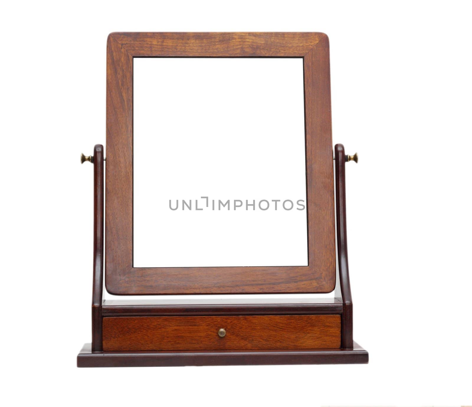 mirror for make up on wooden frame isolated over white background