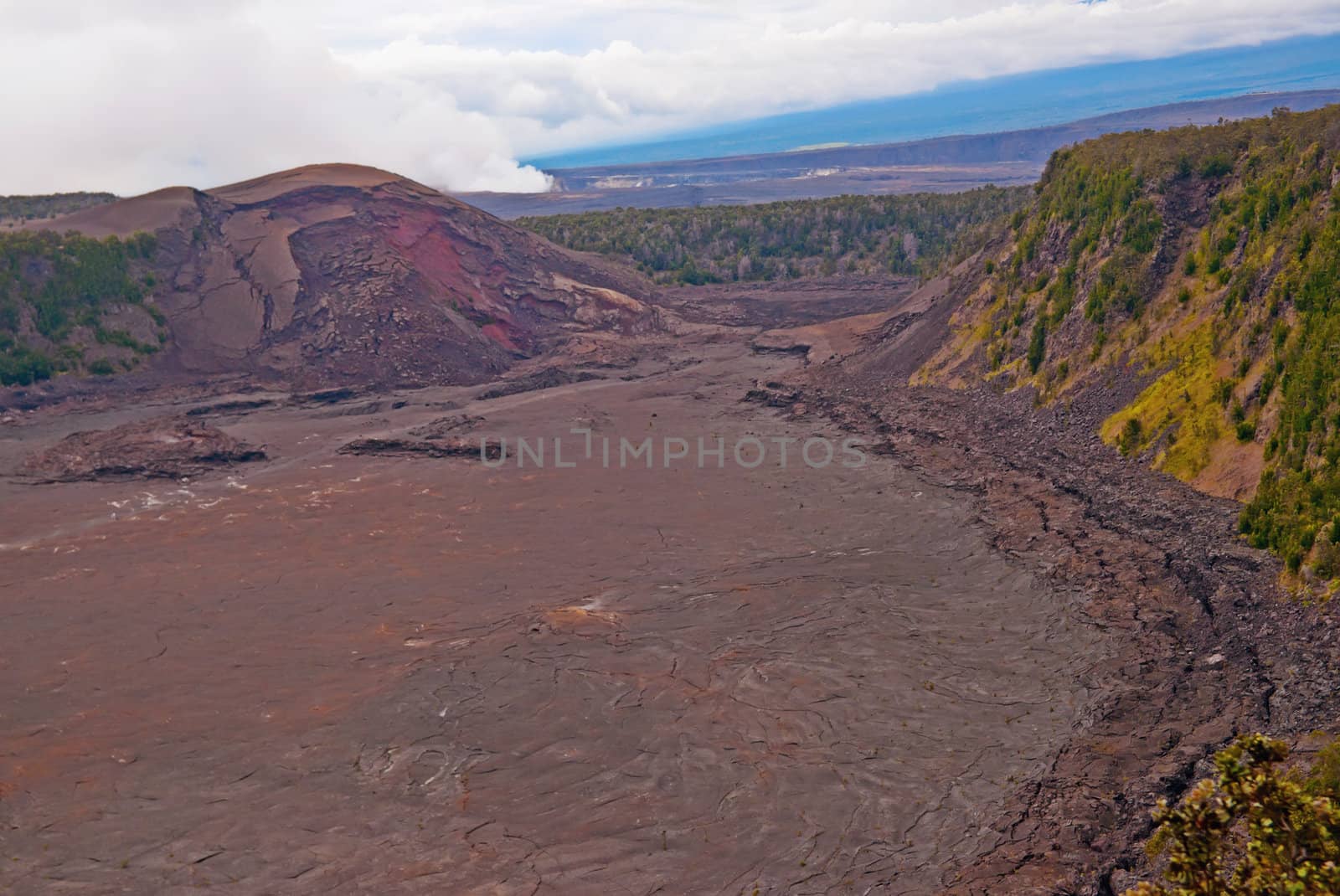 the Halema'uma'u crater in the Kilauea Caldera. Located in the Volcano National Park on the Big Island of Hawaii. Horizontal image of the Kilauea volcanic caldera on Hawai'i (Big Island) 