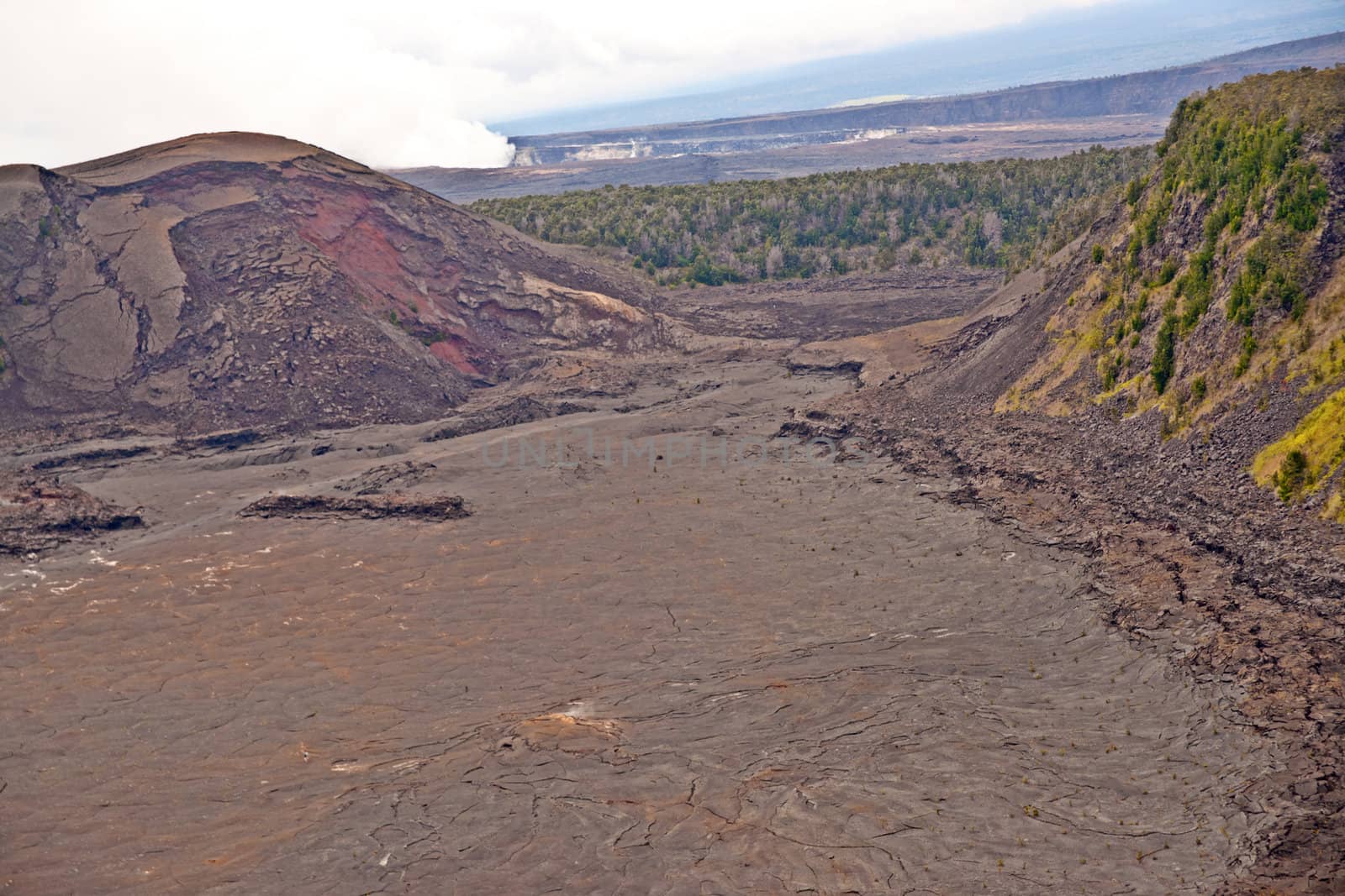 the Halema'uma'u crater in the Kilauea Caldera. Located in the Volcano National Park on the Big Island of Hawaii. Horizontal image of the Kilauea volcanic caldera on Hawai'i (Big Island) 