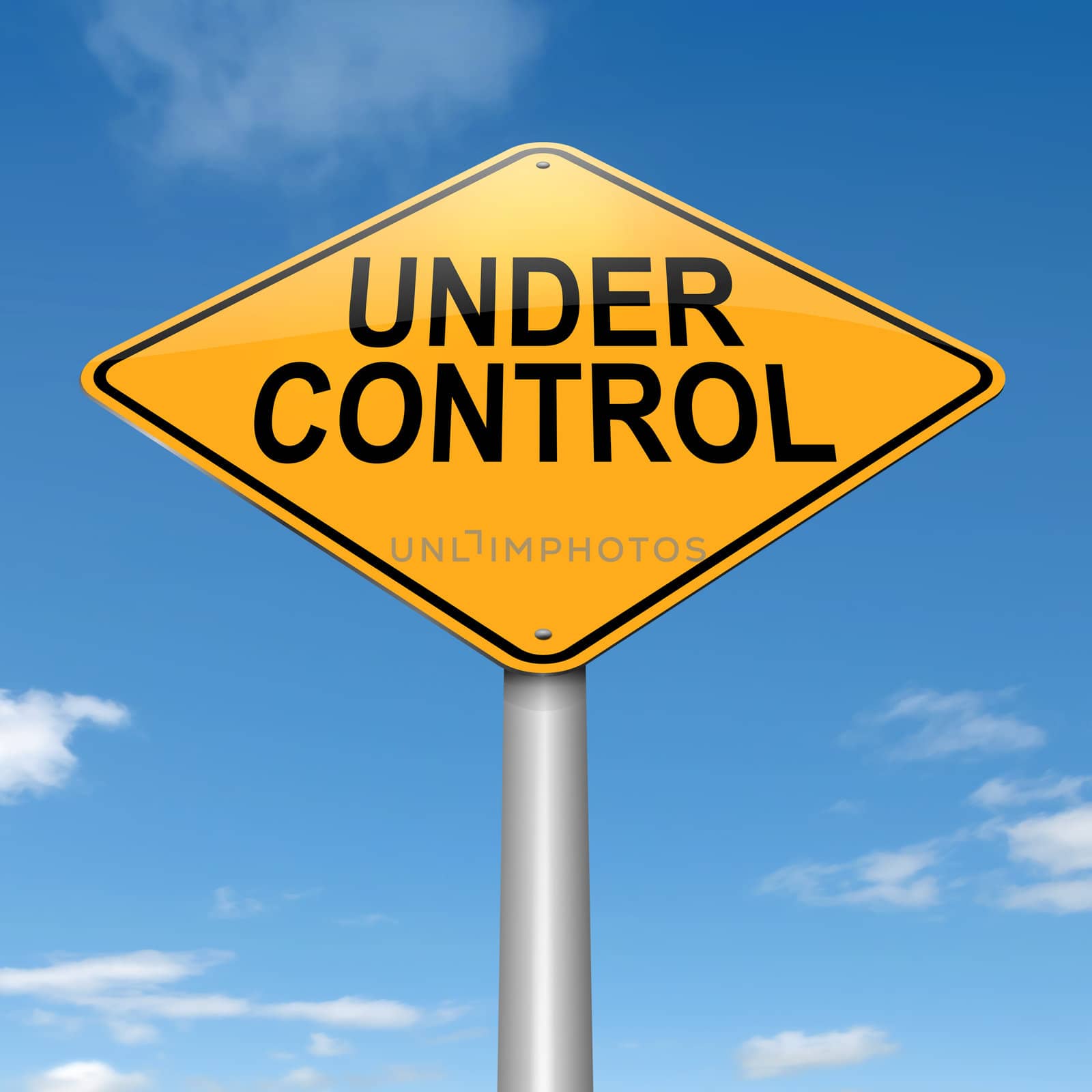 Illustration depicting a roadsign with an under control concept. Sky background.