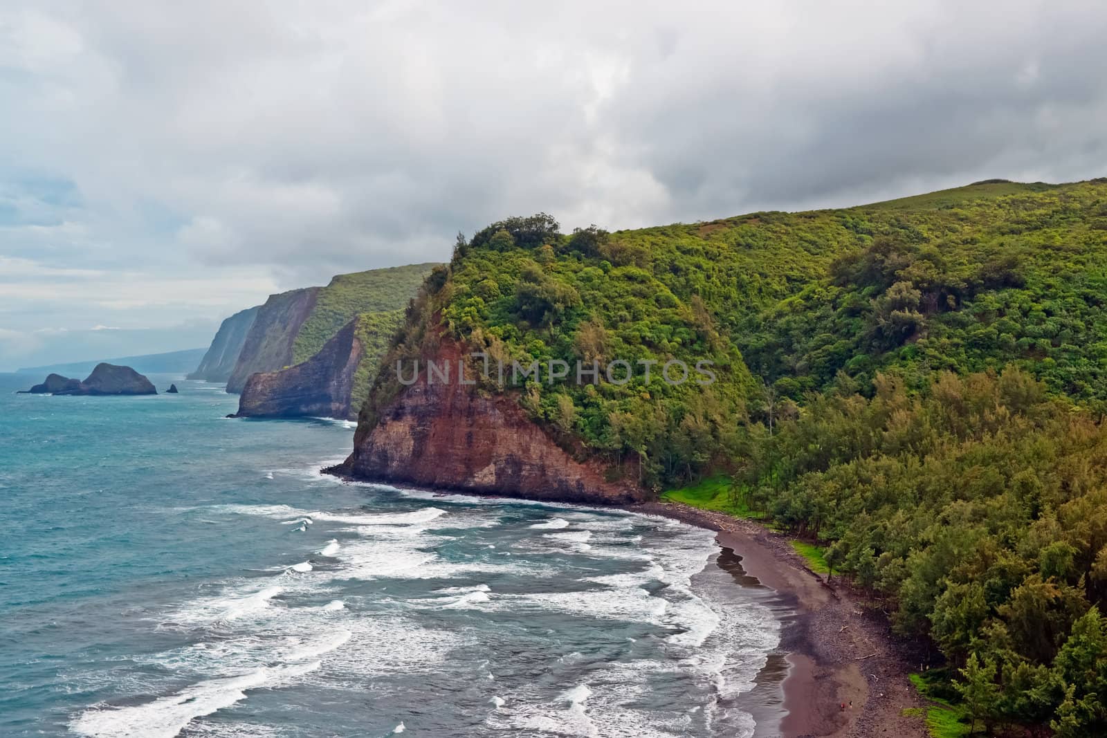 Pololu Beach on the Big Island of Hawaii. Passing the 28 mile marker on Highway 270 past Hawi it is a breathtaking view of Polulu Valley. It's a 30 minute hike over rough ground. But worth it