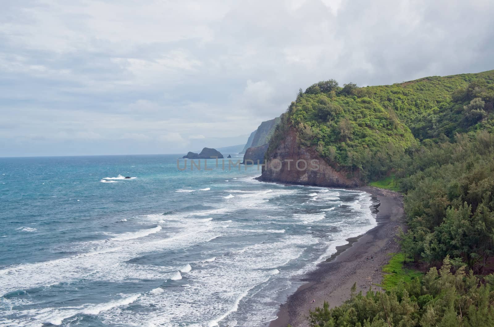 Pololu Beach on the Big Island of Hawaii. Passing the 28 mile marker on Highway 270 past Hawi it is a breathtaking view of Polulu Valley. It's a 30 minute hike over rough ground. But worth it