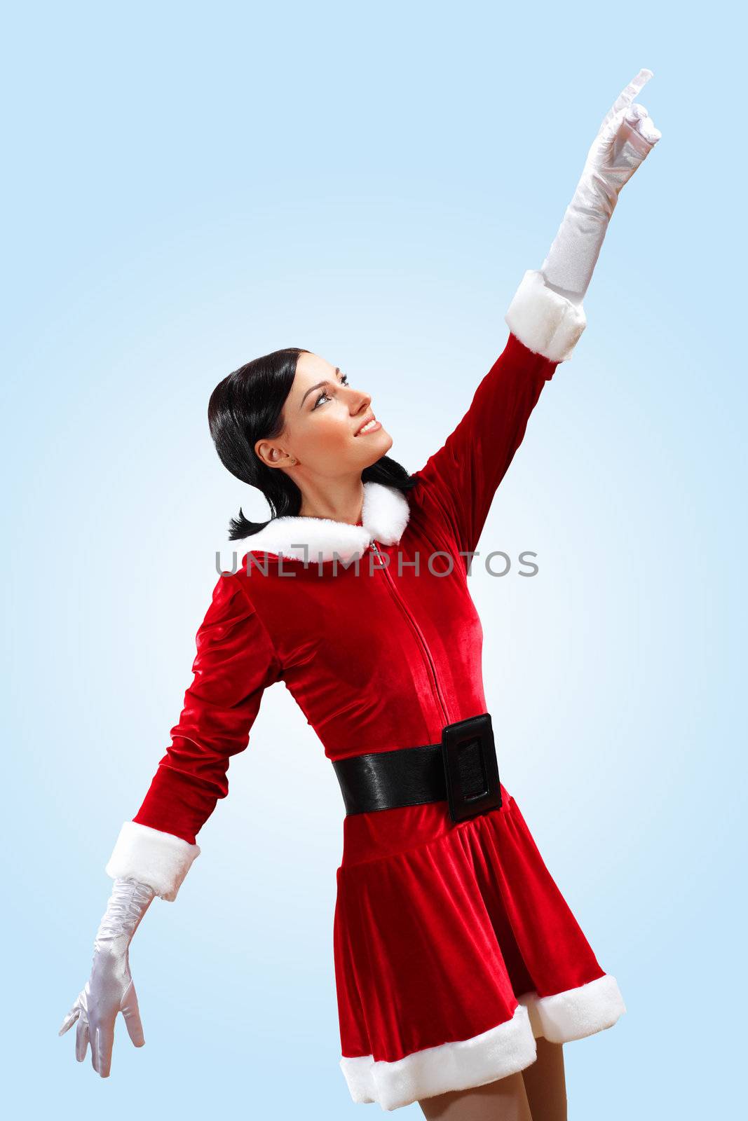 Santa Girl presenting your product, in costume and white gloves