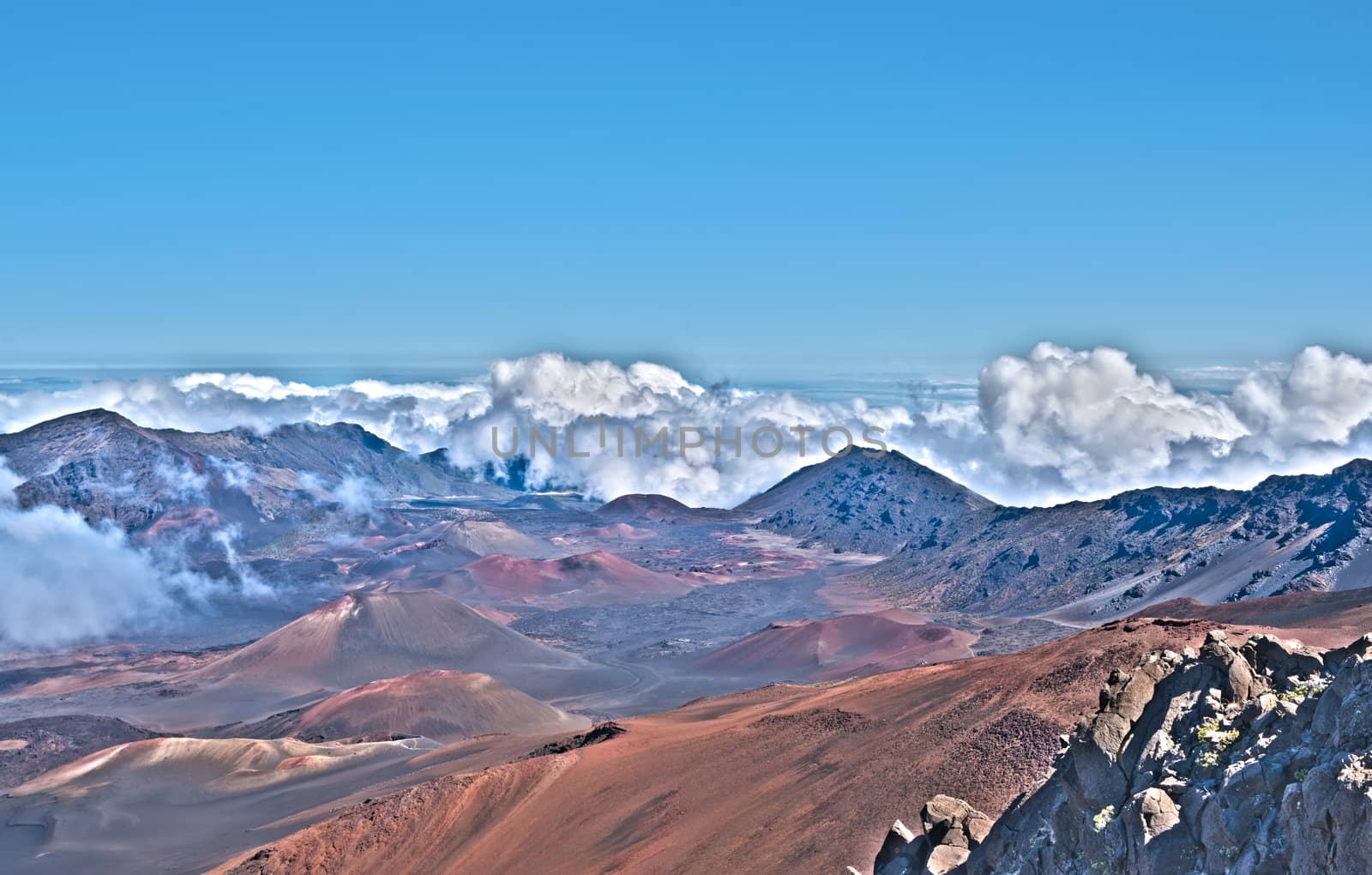 Haleakala Volcano and Crater Maui Hawaii showing surrealistic surface with mountains, lava tubes, rocks.
HDR image total five images put together and processed