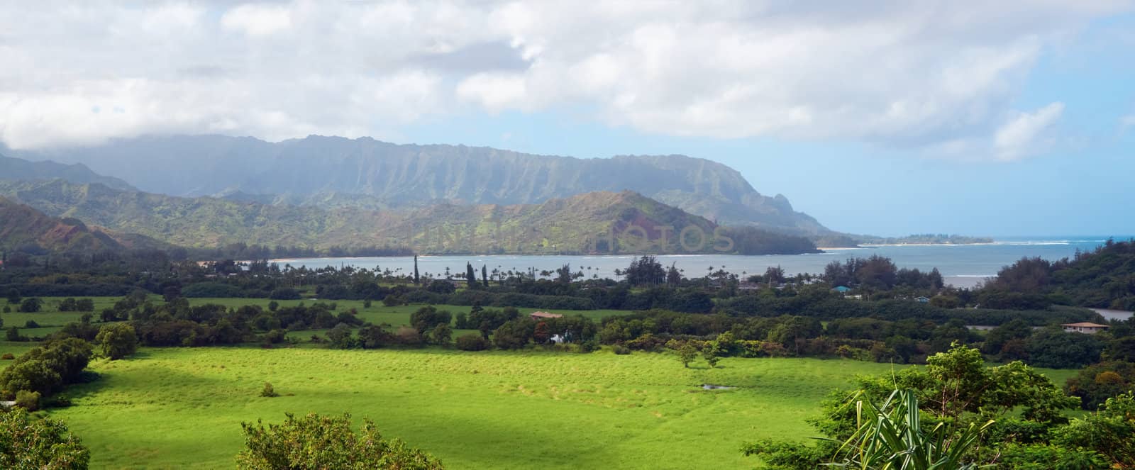 Distant view of Hanalei Bay, Kauai, Hawaii.