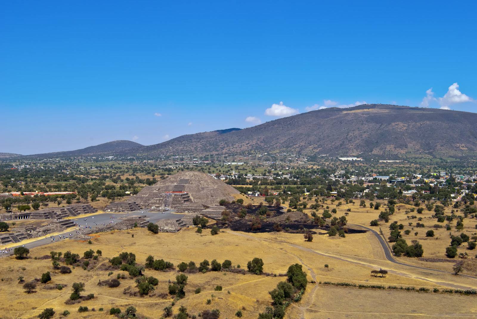 Pyramid of the Moon. View from the Pyramid of the Sun. Avenue of the Dead is the main roadway in the city of Teotihuacan.
