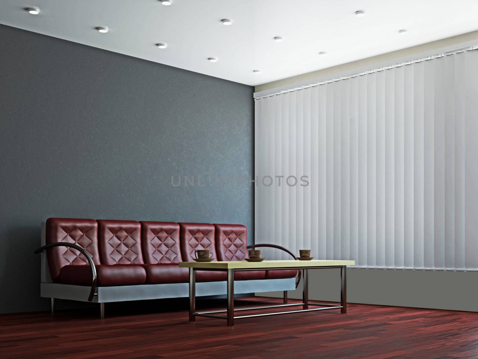 A room interior with a sofa and a table