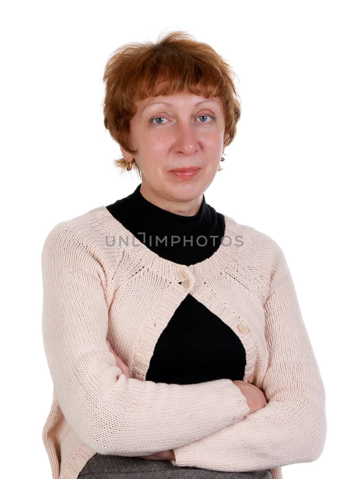 Portrait of middle-aged woman in the studio on a white background
