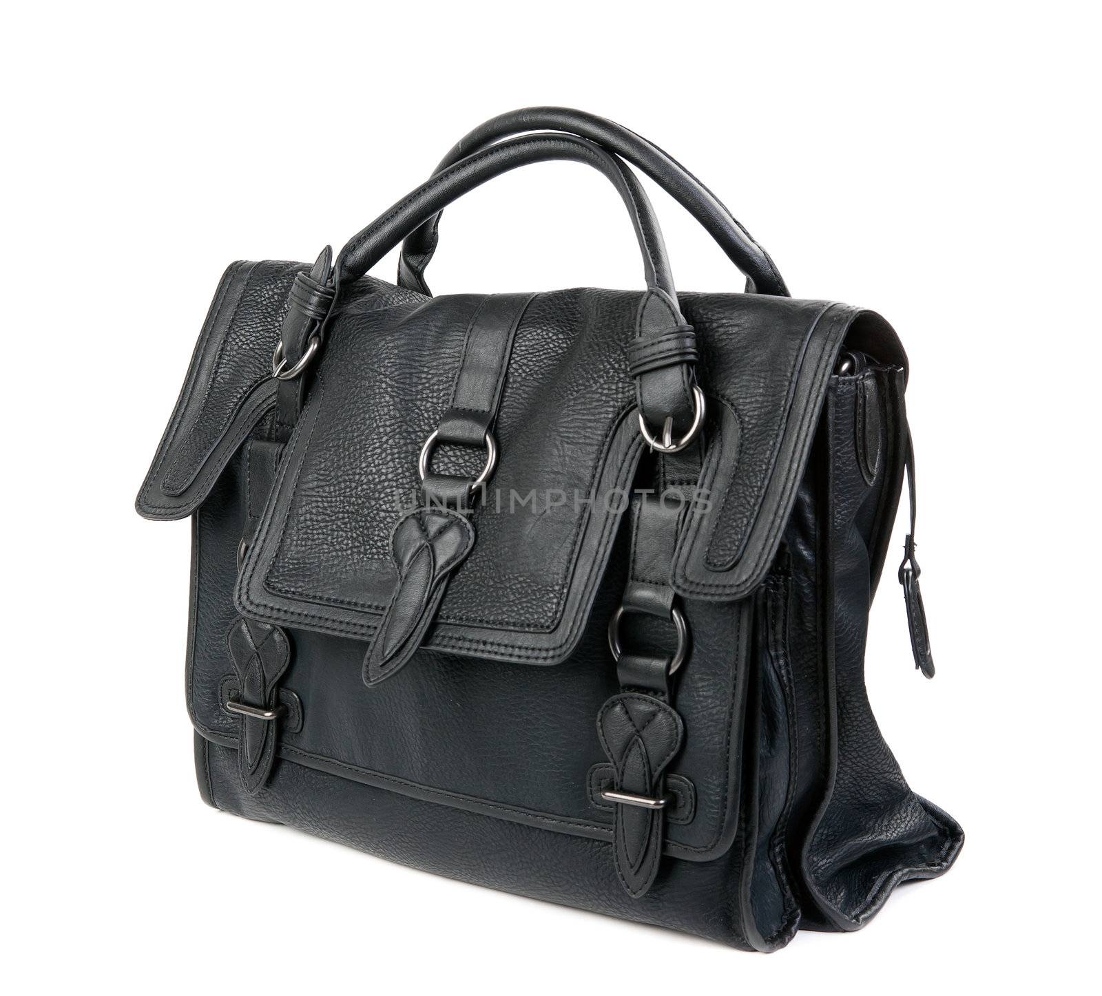 Black women's leather bag isolated on white background