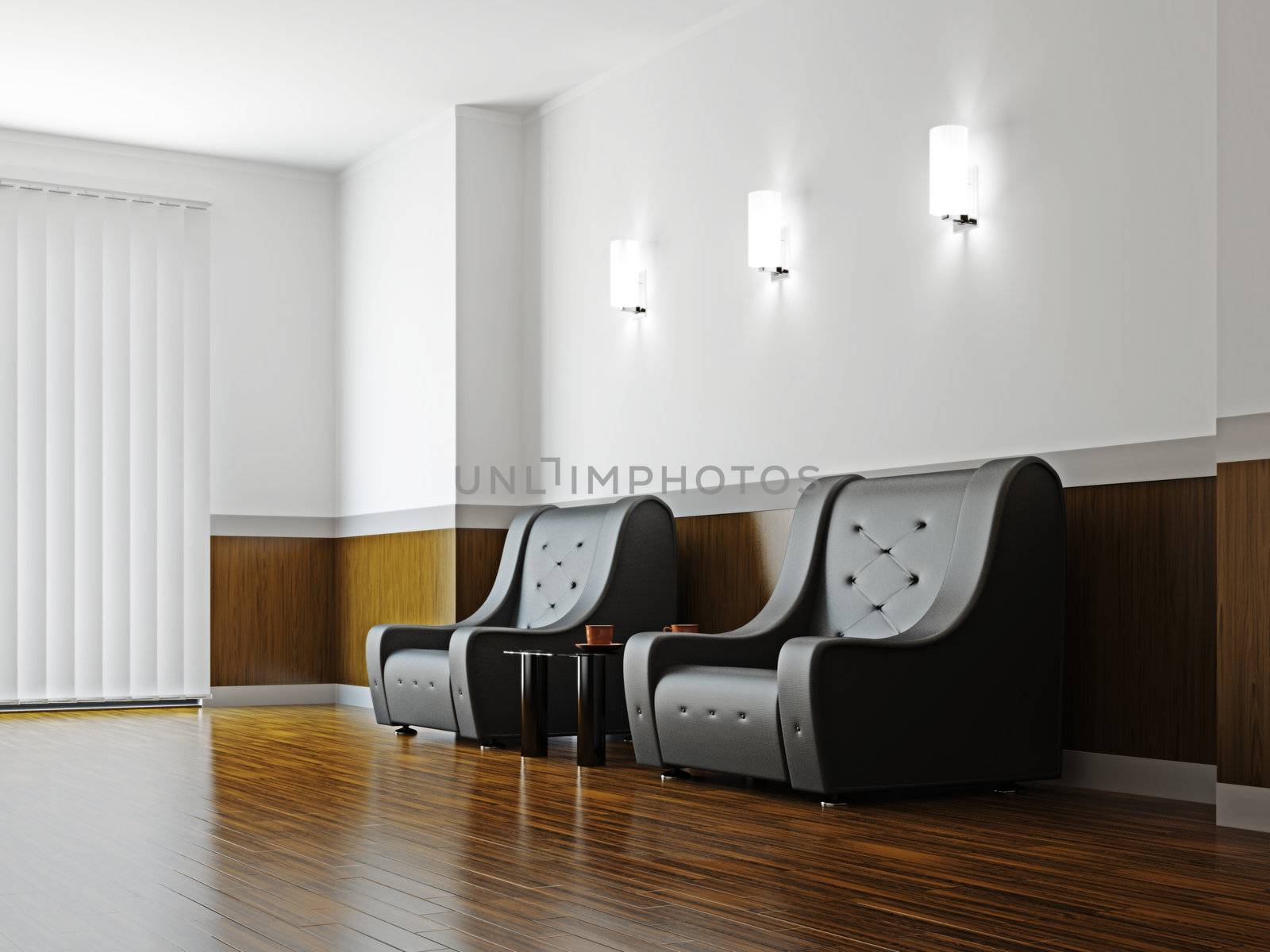A room interior with a armchairs and a table