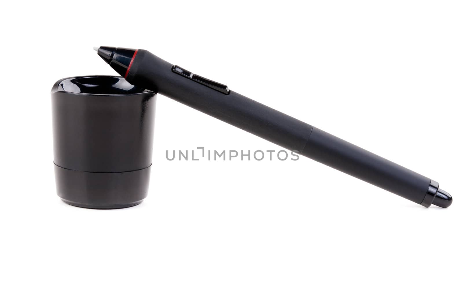 pen on the tablet on a stand in the studio on a white background
