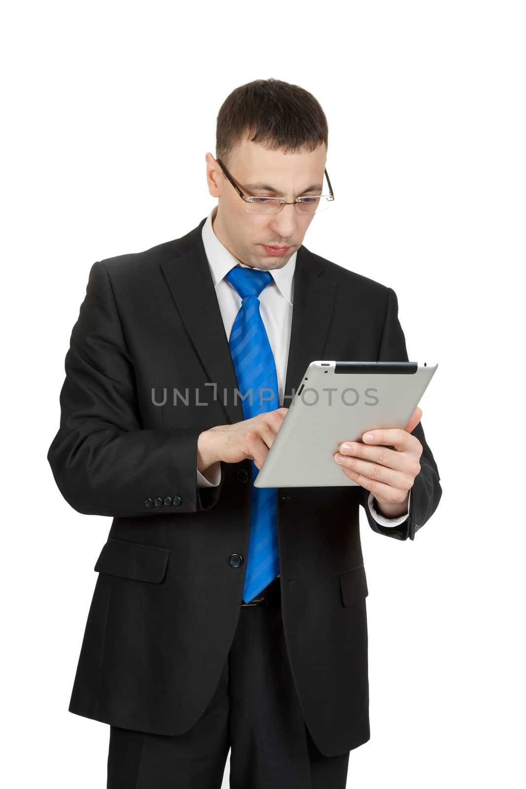 Young businessman with a Tablet PC, isolate on white