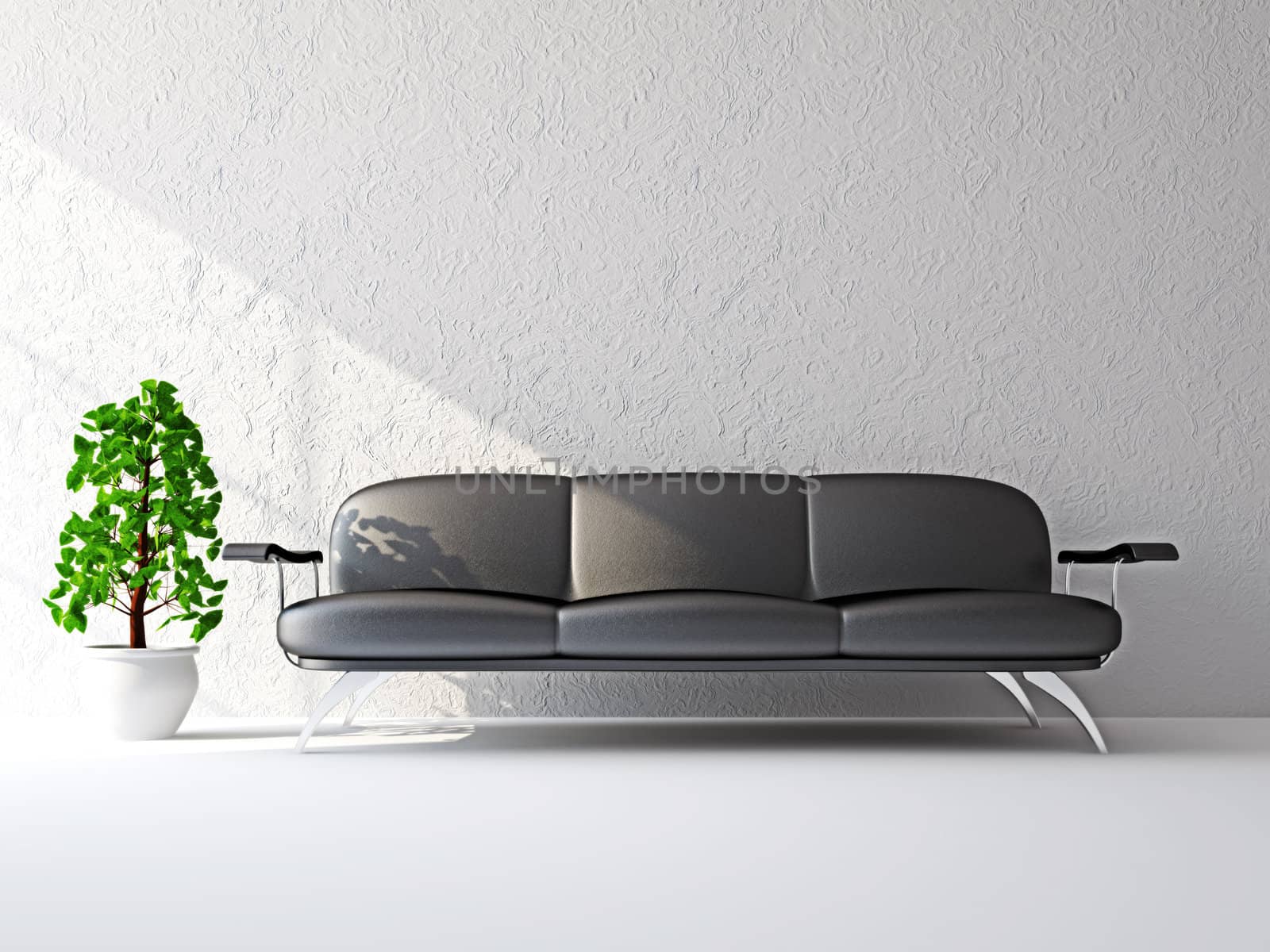 The leather sofa near the white wall