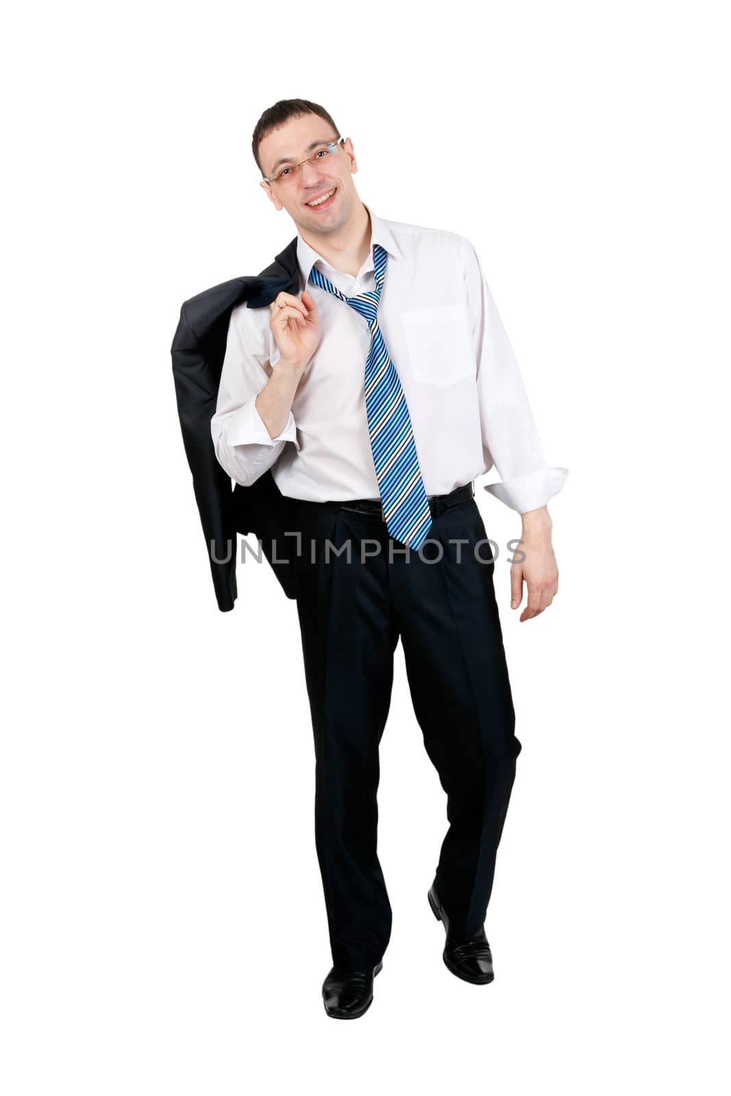 Businessman jacket over his shoulder in the studio, isolated on white