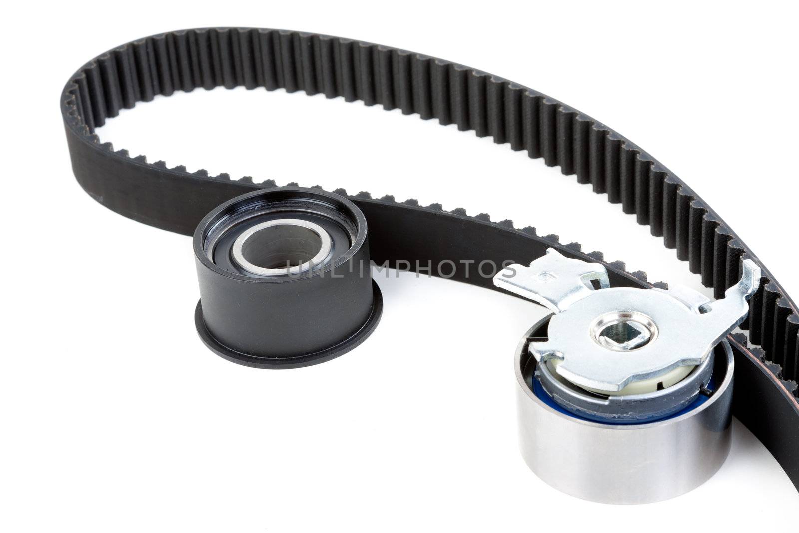 Roller and timing belt isolated on white