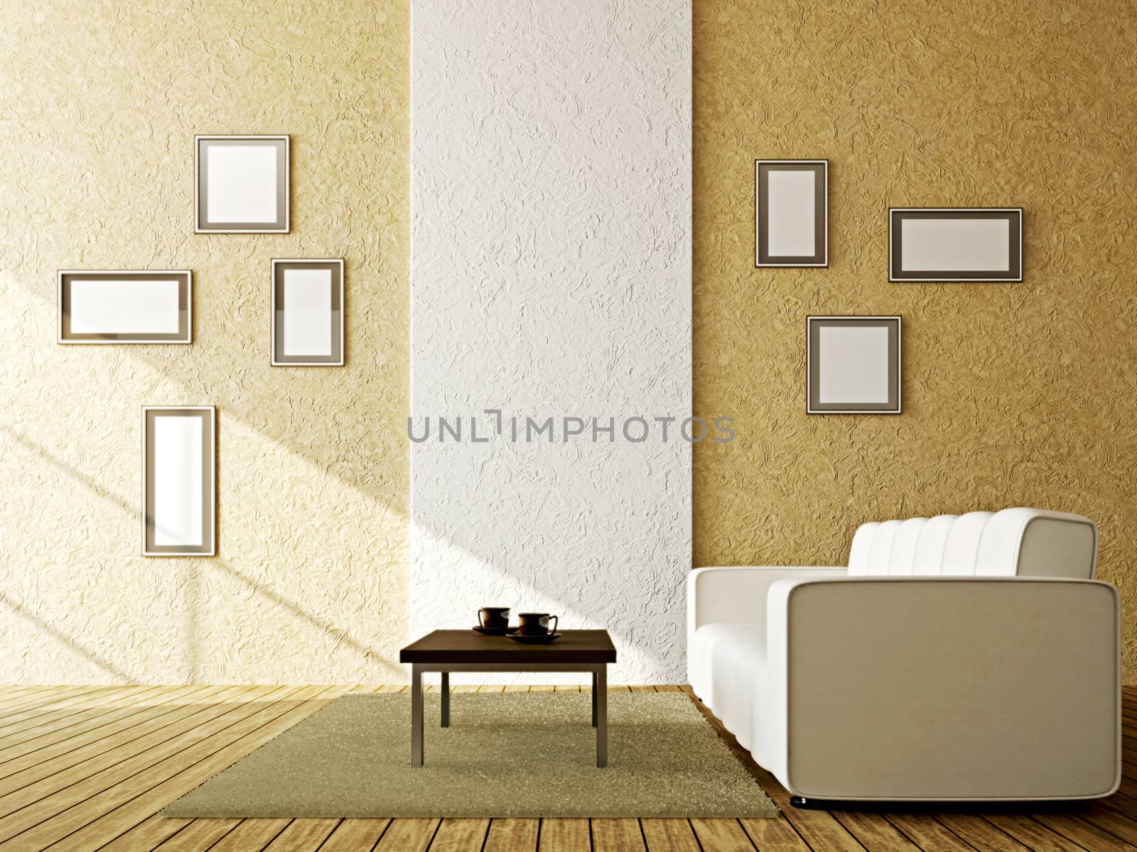 White sofa and a table near the wall