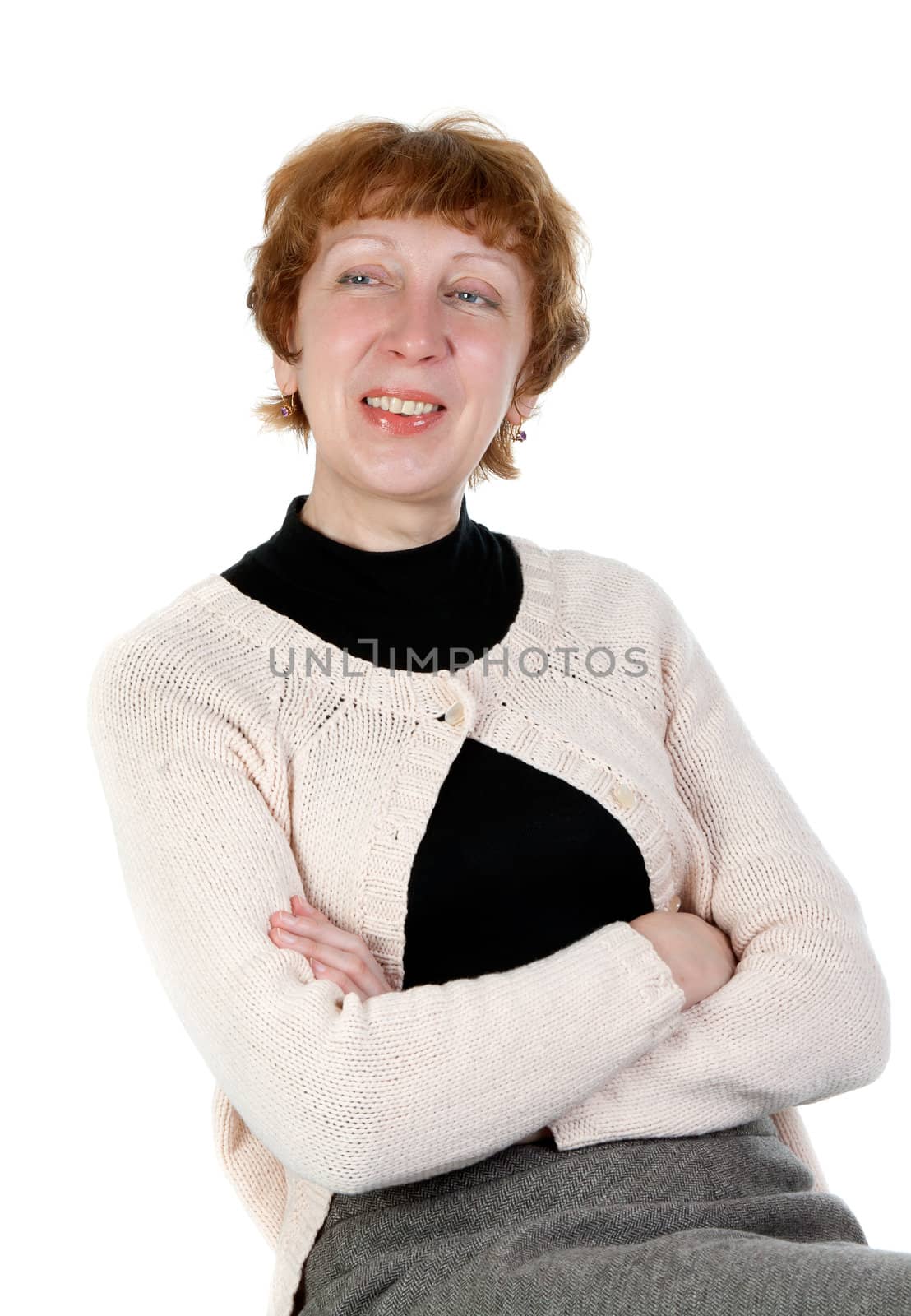 portrait of a smiling middle-aged woman in the studio on a white background
