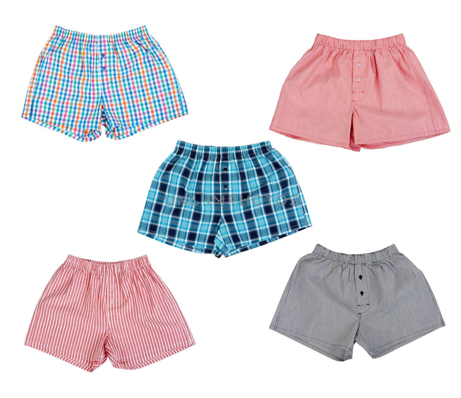 A collage of male underwear isolated on white background. The picture is composed of several images.