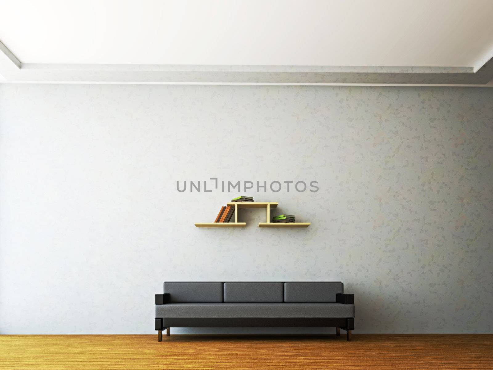 A room interior with a leather sofa near the wall
