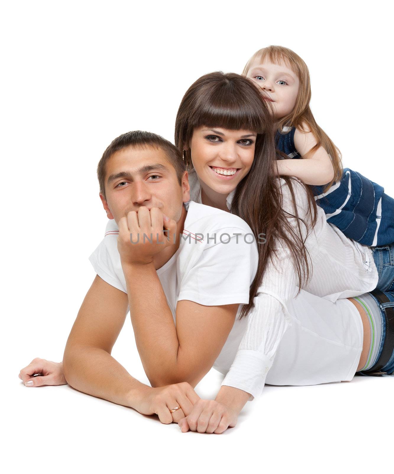 Happy family of three people lying on white background