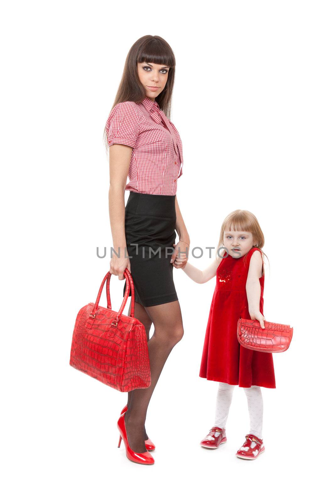 Fashionable Mom in red shoes and her little daughter with a beau by RuslanOmega