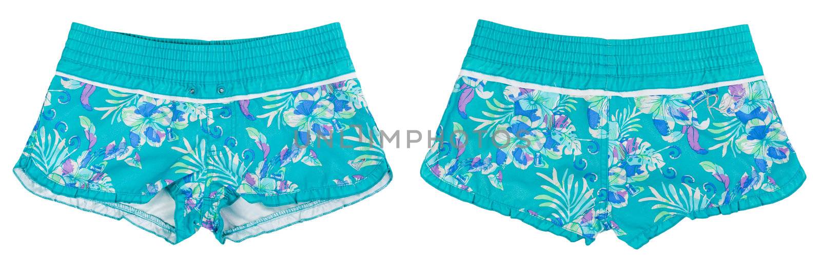 collage of women's beach shorts with blue pattern isolated on white background