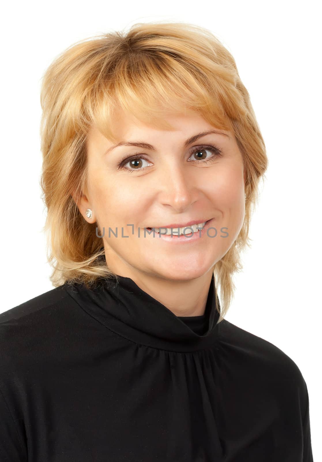 Portrait of a smiling beautiful girl dressed in black, isolate on white
