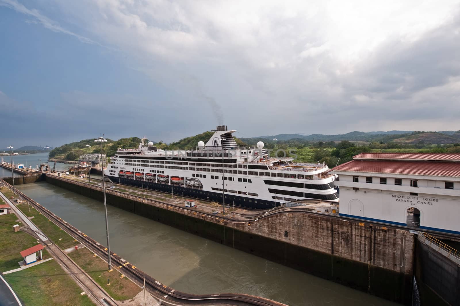 Ship is entering Miraflores locks in Panama Canal
