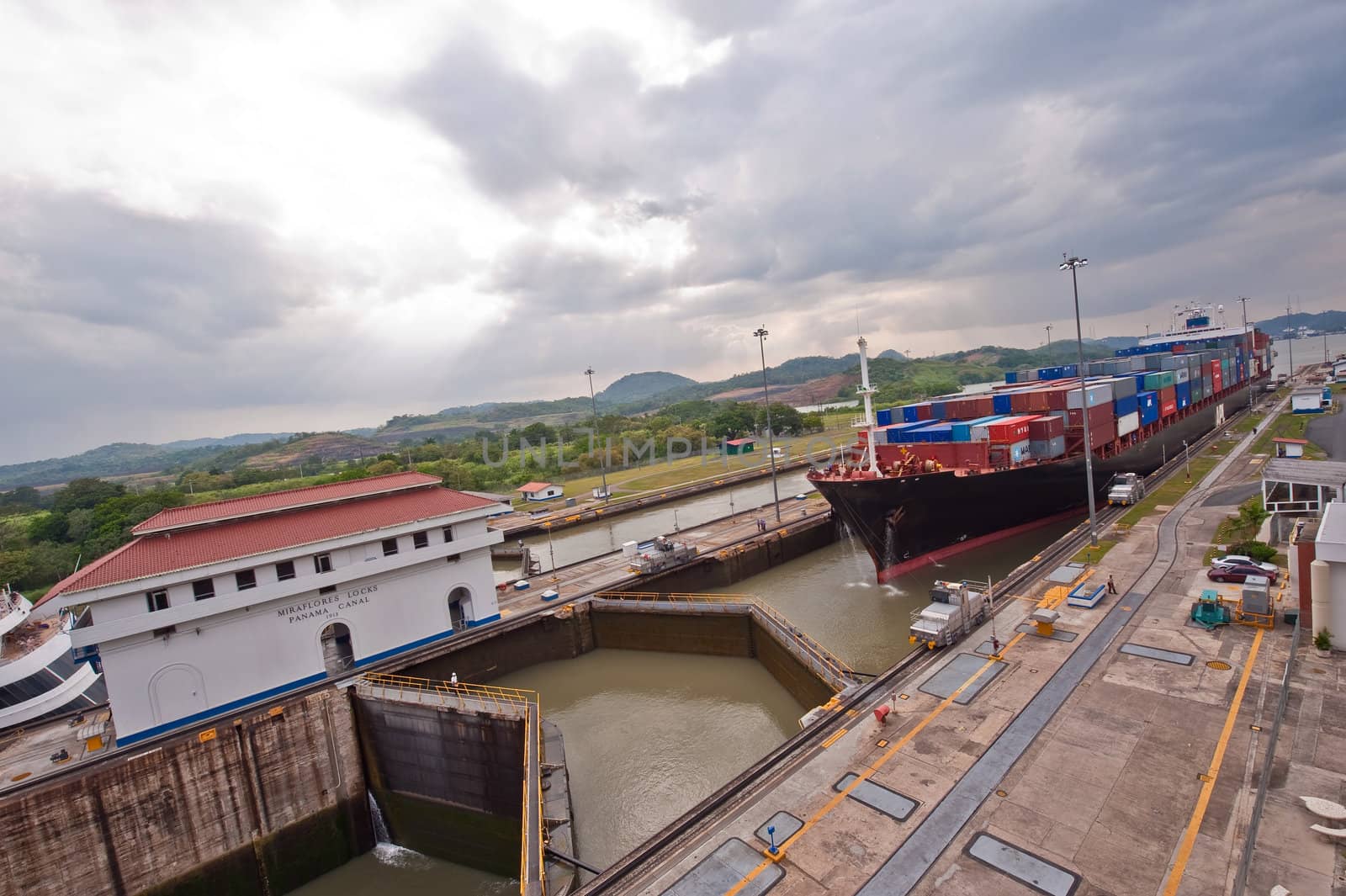 Ship is entering Miraflores locks in Panama canal