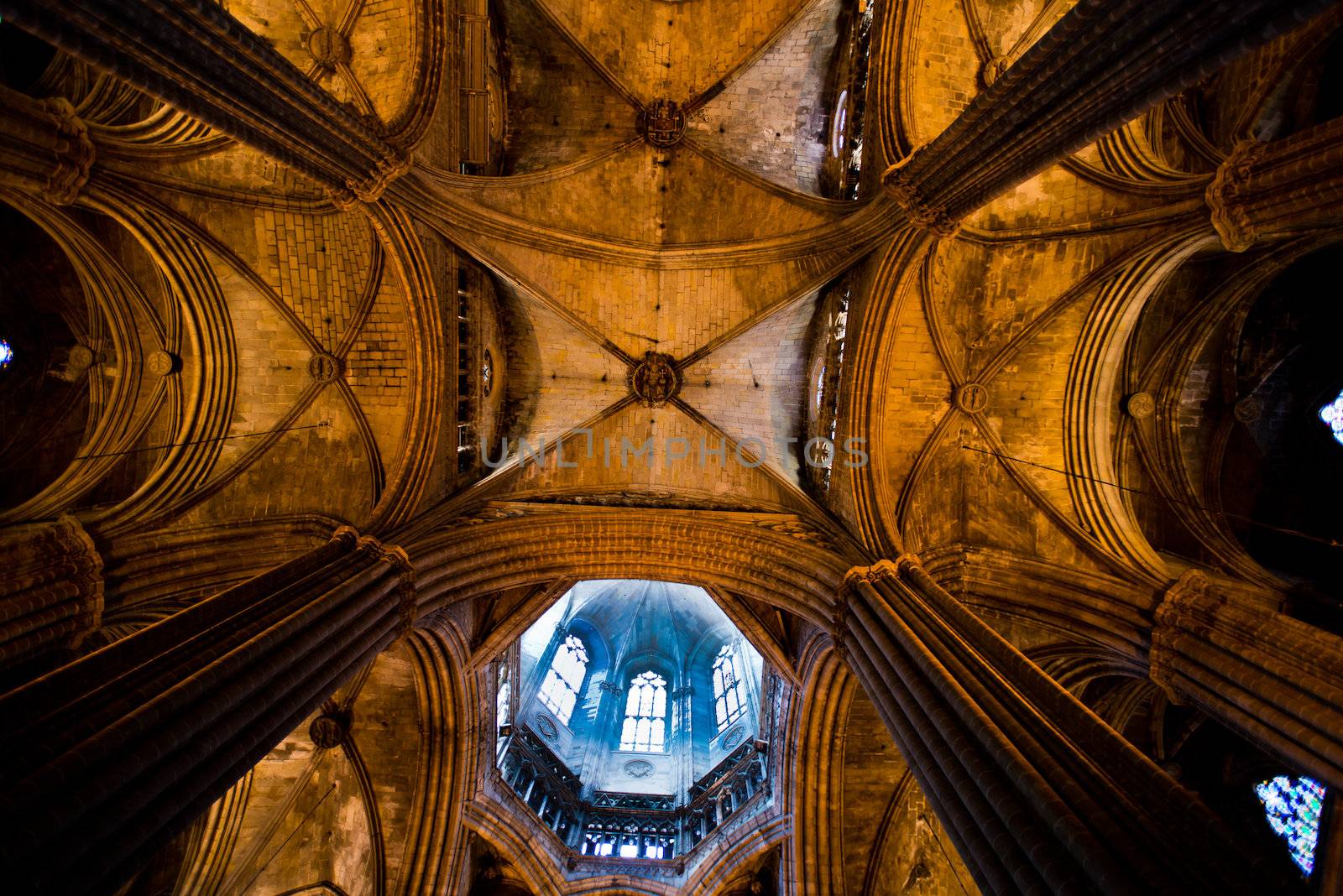 Ceiling Interior View of Cathedral Gothic, Barcelona, Spain