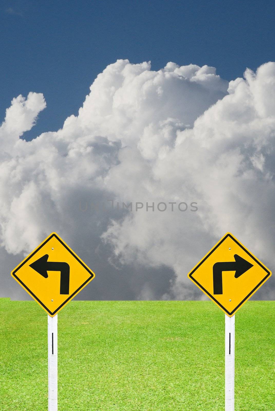 Turn right and turn left sign with nice landscape