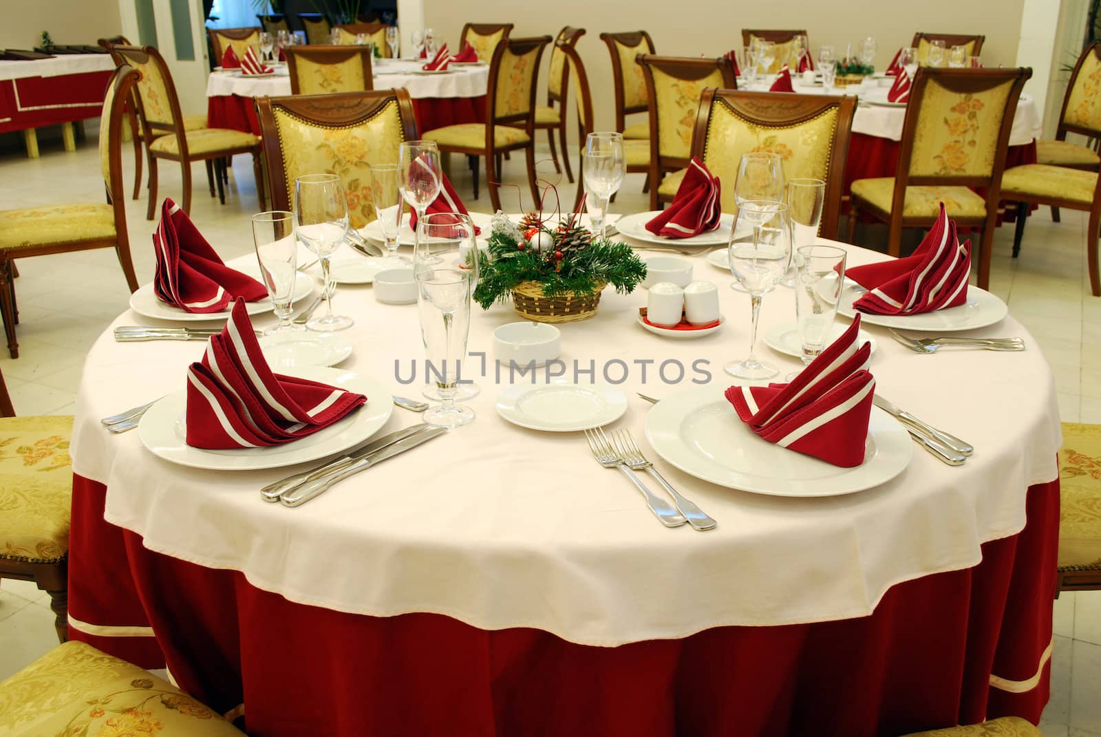 Decorated restaurant lunchroom tables ready for ceremony
