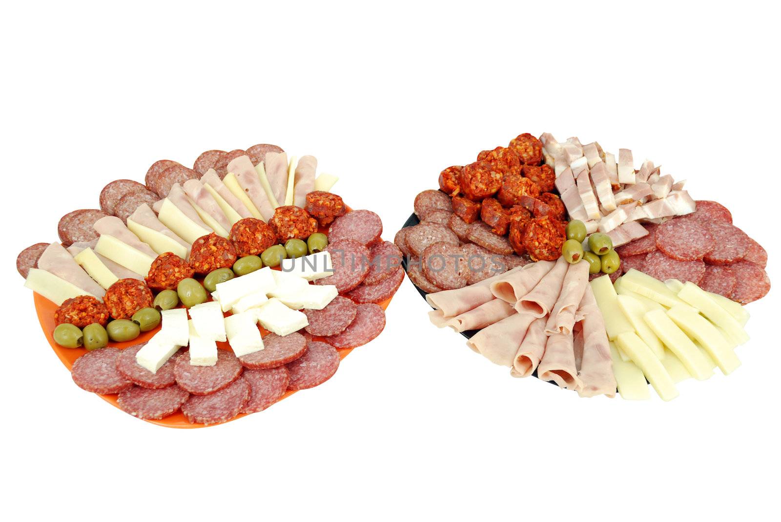Dishes with delicatessen catering food isolated on white