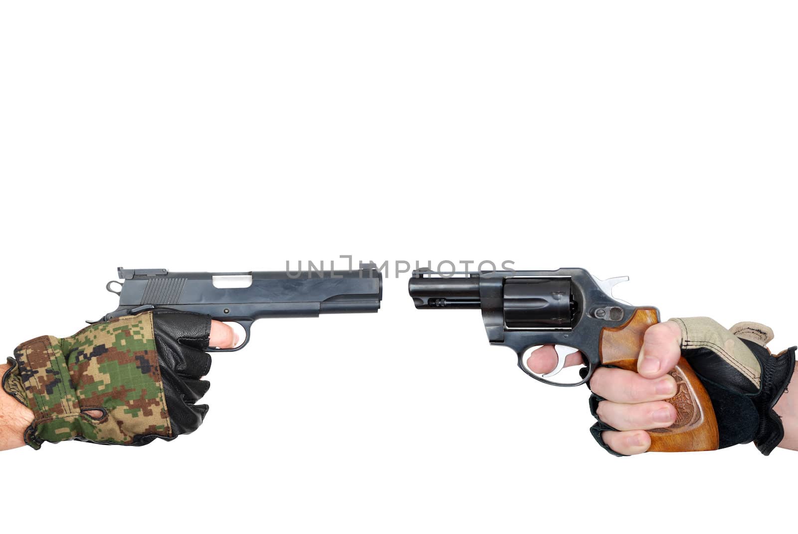 Hands with guns isolated on white