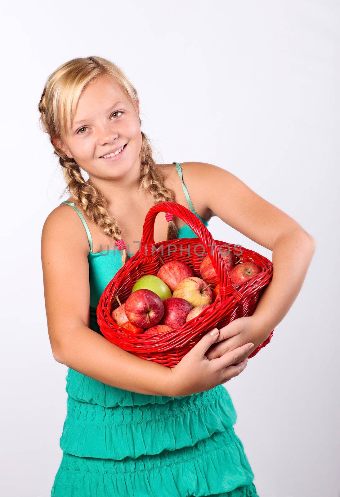 Beautiful girl with a basket of   Apples