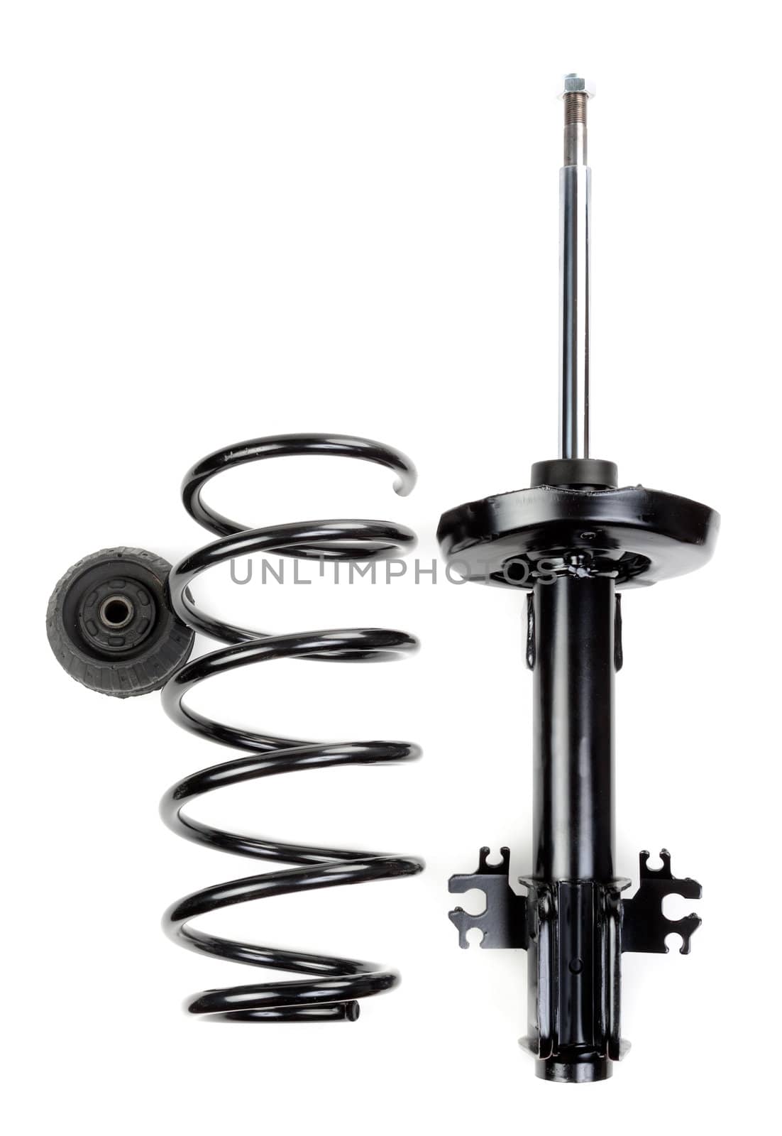 Set shock absorber with spring and thrust bearing. Isolate on white