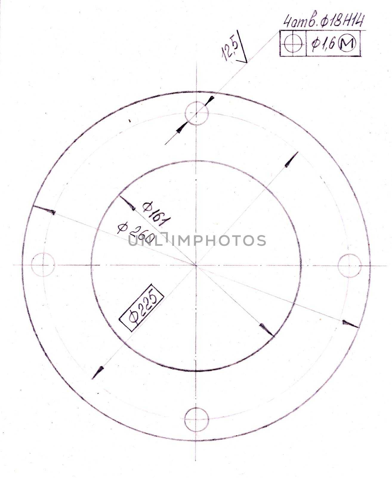 drawing of mechanical parts made ​​with pencil on white background