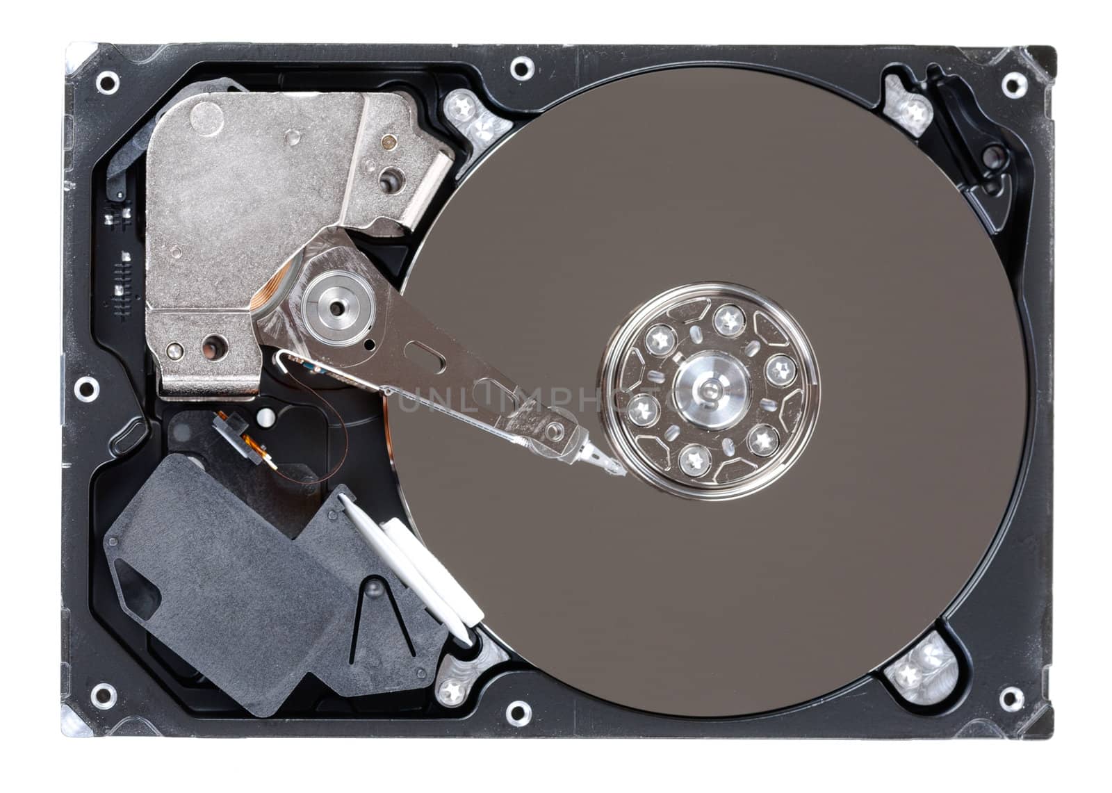 Close-up inside view of hard disk isolated on white background
