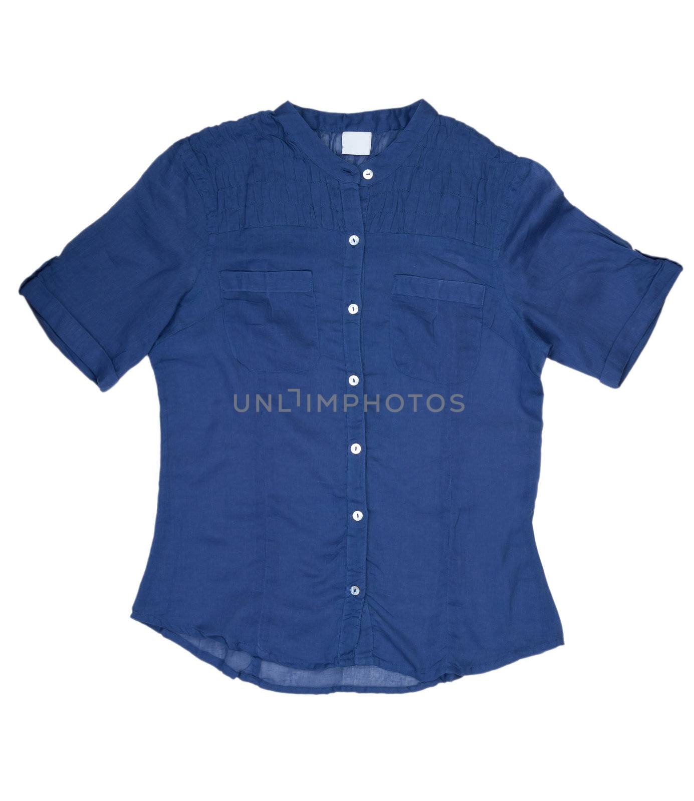 Fashionable women's blue shirt in the studio on a white background