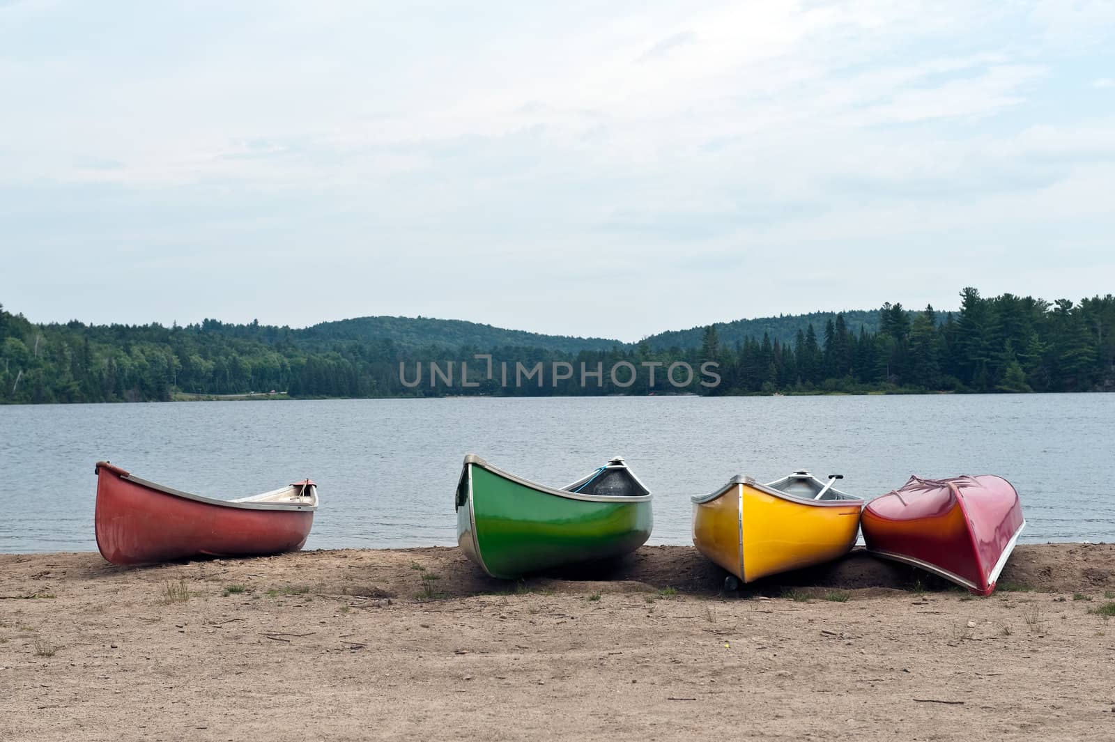 Canoes on the shore of Two rivers lake Algonquin Park in Ontario Canada