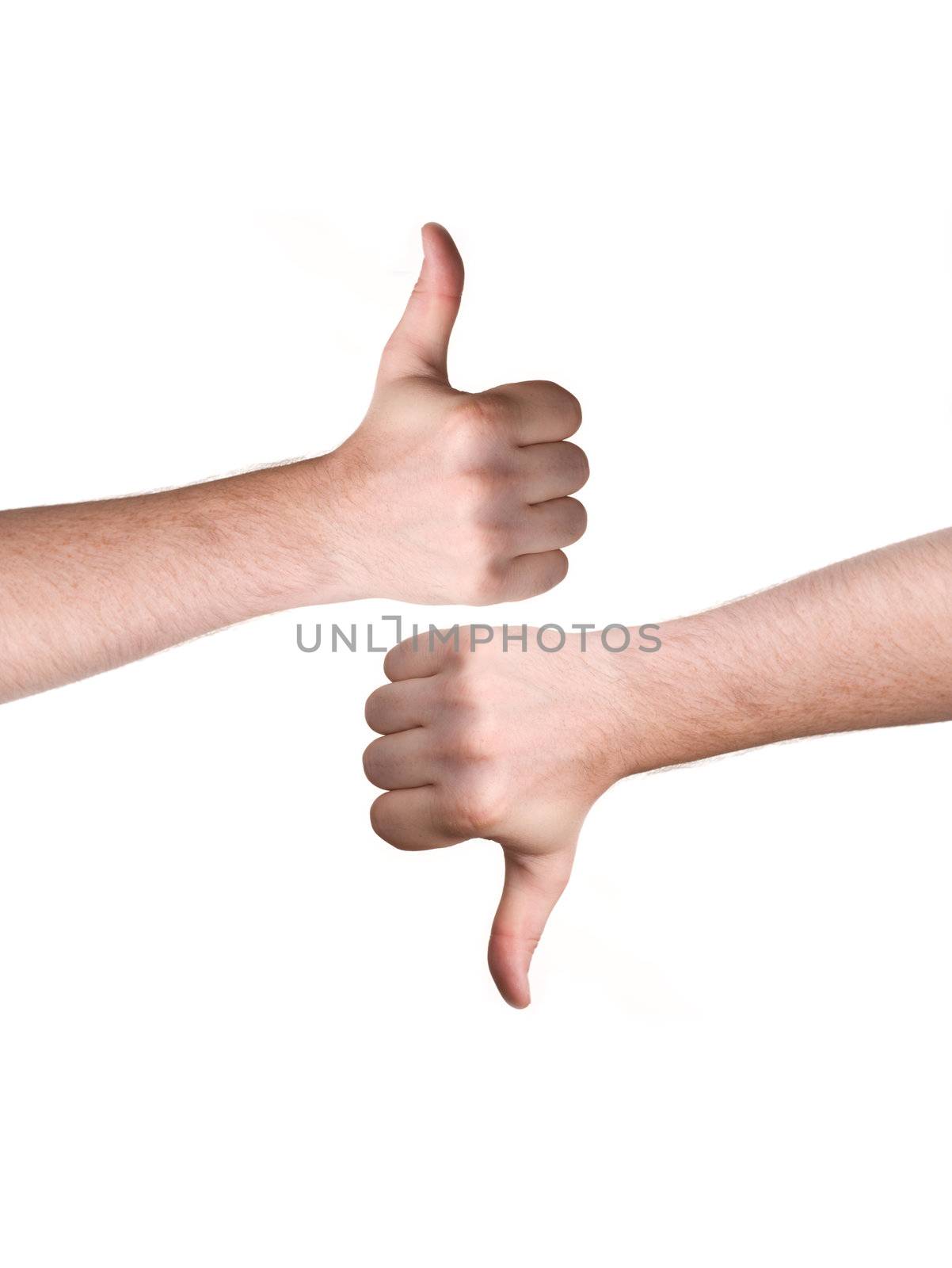 man hand showing thumbs up and down sign 