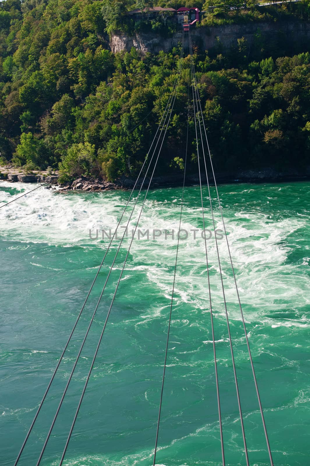 A cable car suspended over the Niagara River downstream from Niagara Falls.