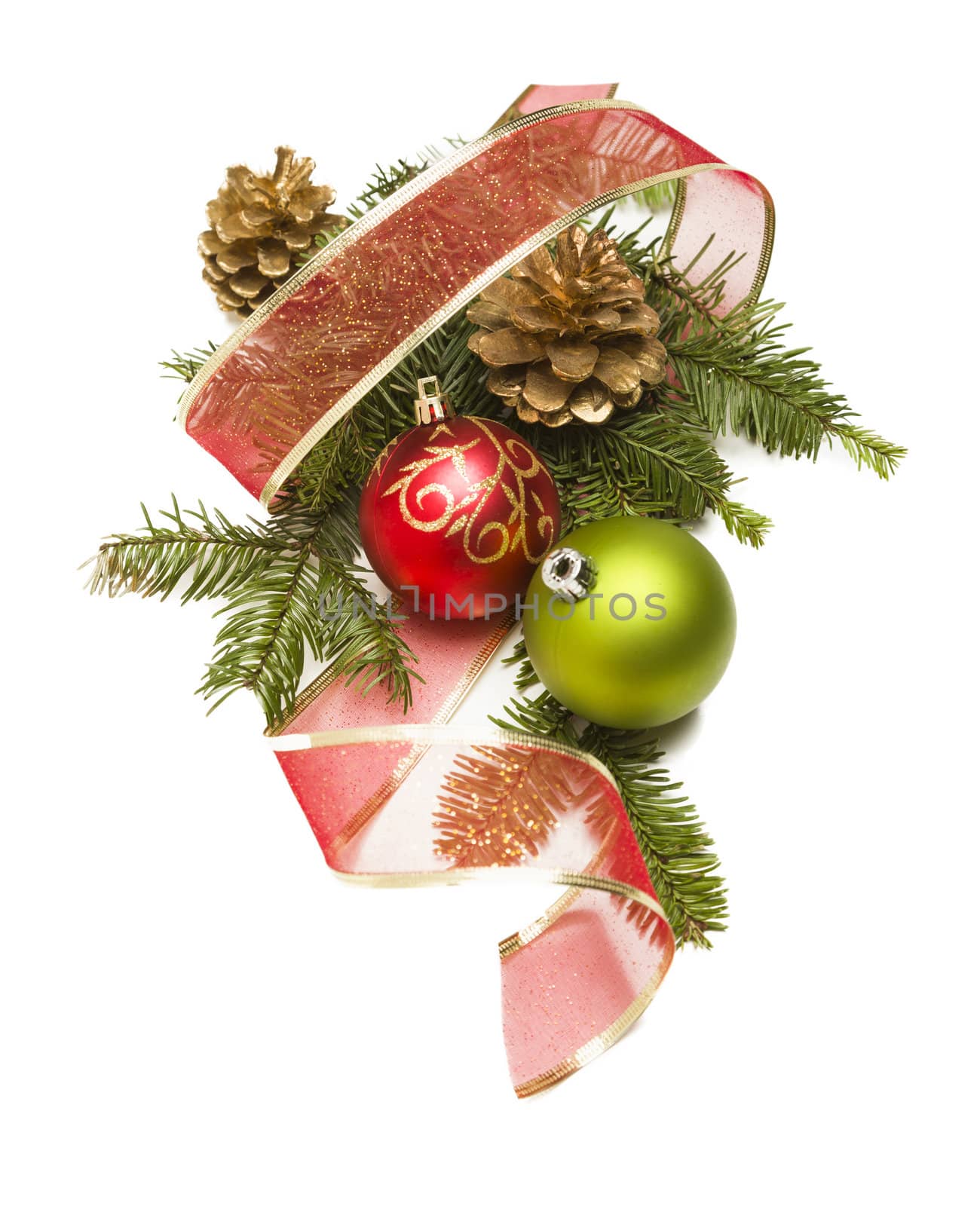 Christmas Ornaments, Golden Pine Cones, Red Ribbon and Pine Branches Isolated on a White Background.