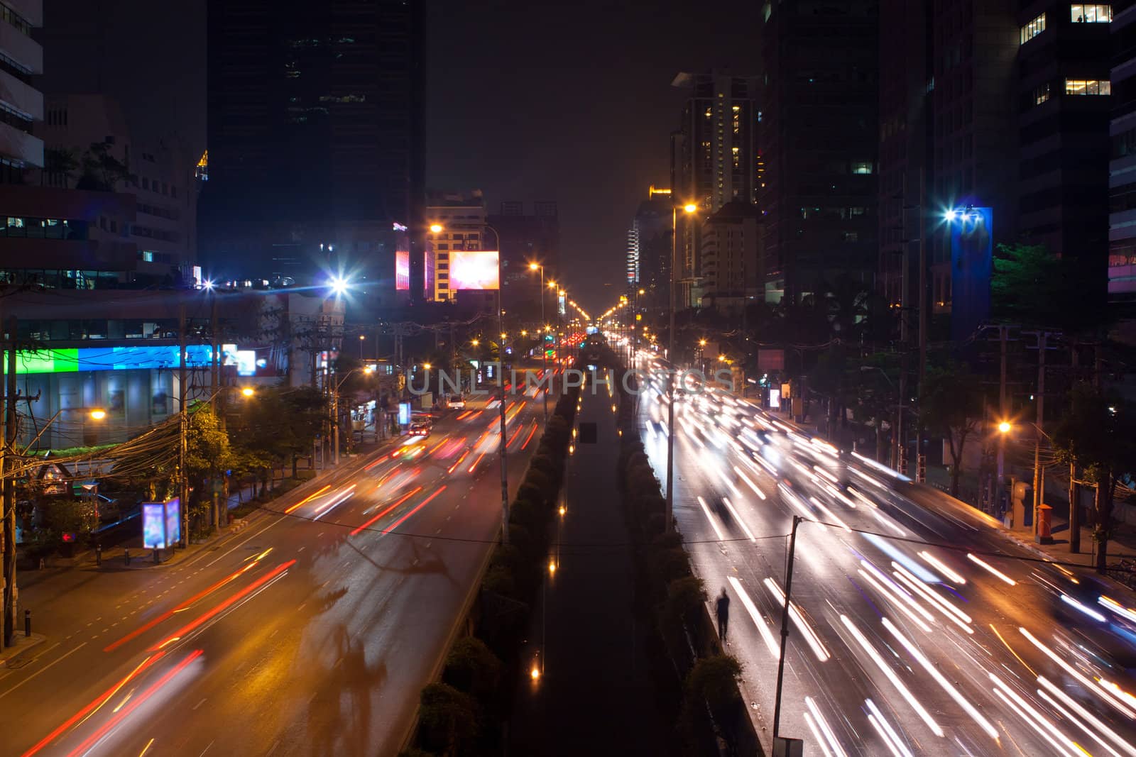 Night traffic lights in the Bangkok, Thailand