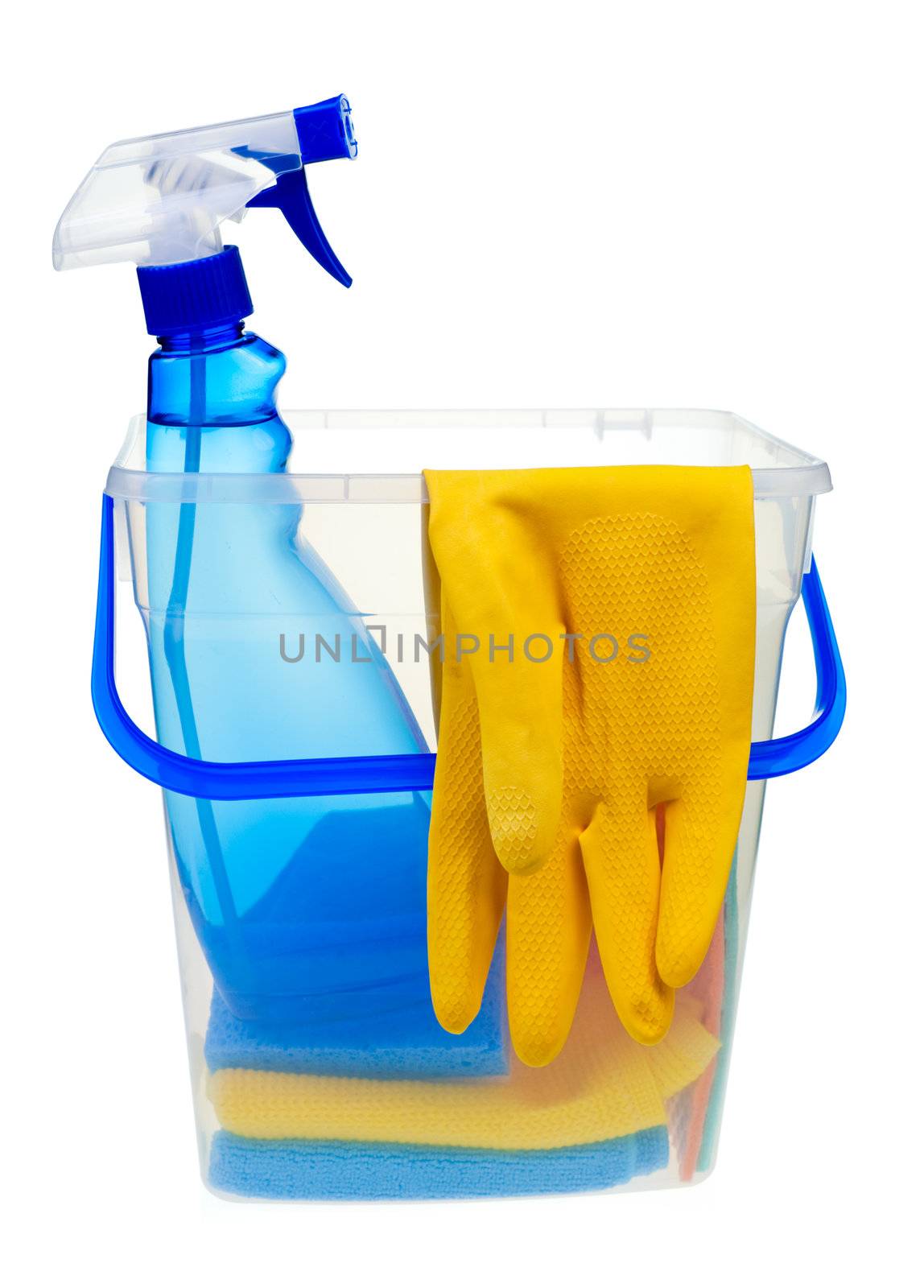 Transparent plastic bucket with cleaning supplies on white background