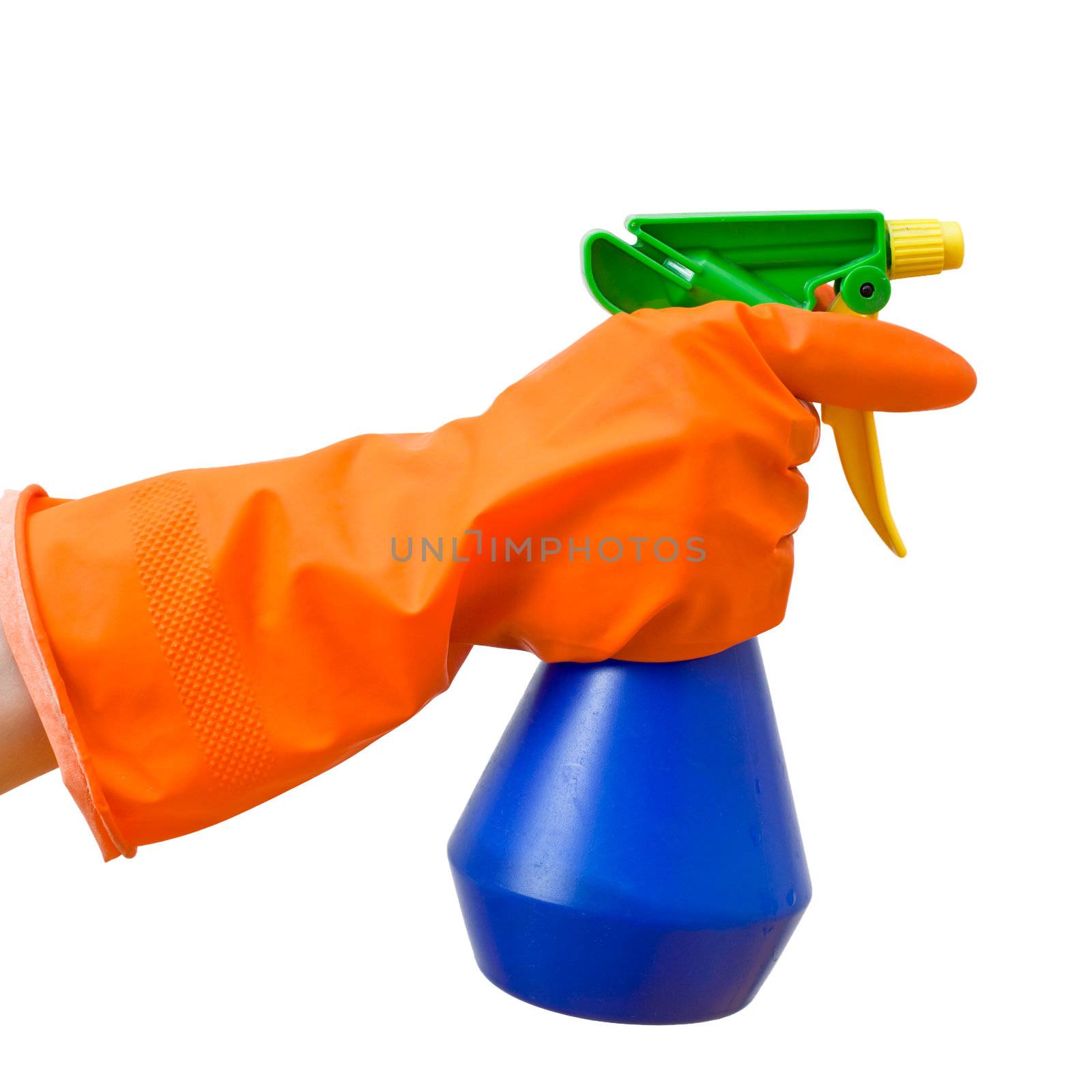 Hand in orange protective glove holding blue spray bottle on white background